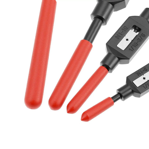 Adjustable Tap Wrench Set Four Pack Ratcheting Tap Handles with red grips and size indicators for precise tapping.