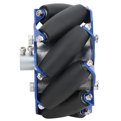 Angled side view of left 4-inch aluminum Mecanum wheel with TPU rollers on blue frame.