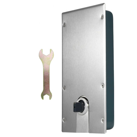 Glass Door Hinge Closer With Hydraulic Floor Spring, steel double acting hinge and wrench, side angle view.