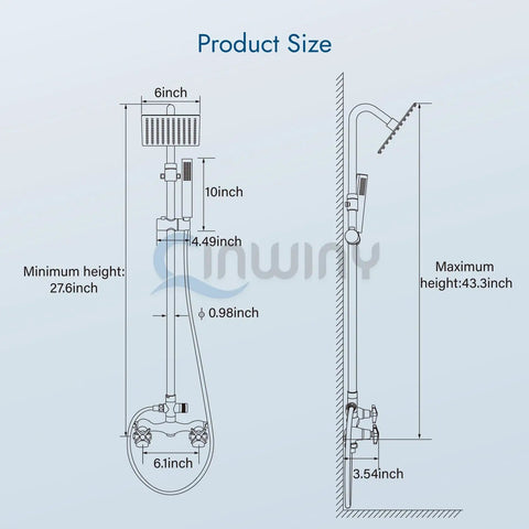 Wall Mounted Outdoor Shower System With Matte Black Finish Featuring A 6 Inch Square Rainfall Shower Head, Handheld Spray dimensions