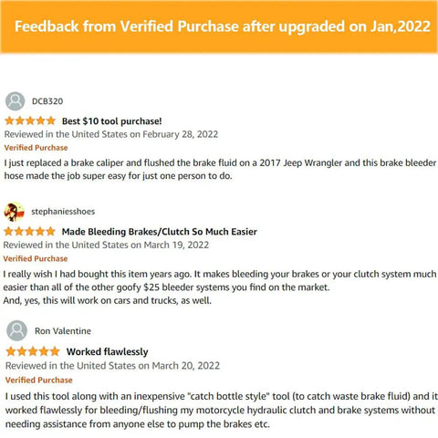 Customer reviews for brake bleeder hose kit with one way check valve for motorcycle clutch bleeding, February and March 2022