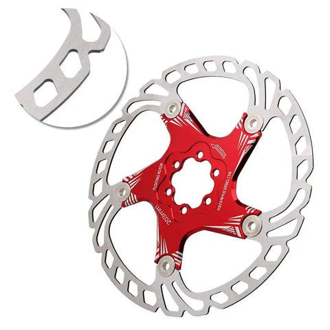 Top Tier 203mm Five Nail Disc Brake Rotor For Hydraulic And Mechanical Calipers Lightweight Trail Weapon With Killer Grip And Boss Quality In Rad Red Build close-up view highlighting stainless steel and aluminum material.