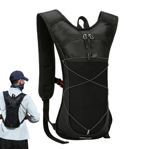 Go To Nylon Hydration Backpack With Reflective Strips Lightweight Adjustable Reservoir shown on wearer