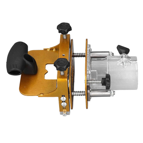 Professional Adjustable Mortising Jig And Sturdy Stainless Steel Slotting Guide Precision Wood Router Positioner from the side with hardware.