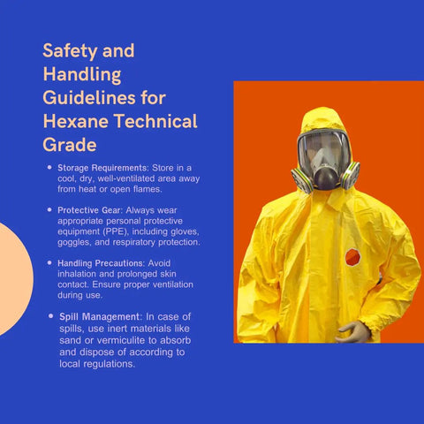 Safety guidelines for Hexane Technical Grade Solvent with protective gear illustration.