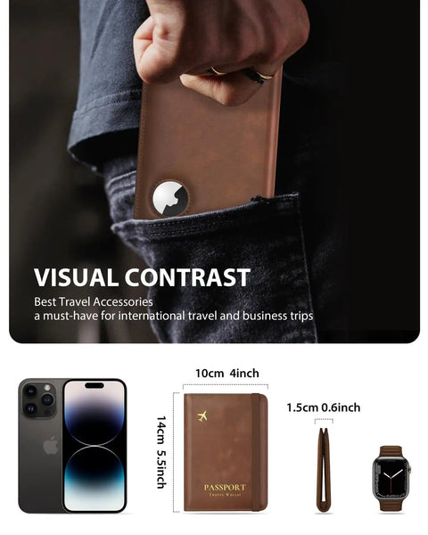 AirTag Enabled Passport Holder With RFID Protection held in hand near pocket, leather wallet dimensions displayed, brown travel accessory