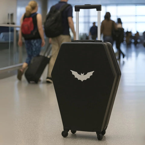 Gothic coffin carry-on luggage in airport with bat design, durable black hard shell spinner for travel, cosplay, and conventions.