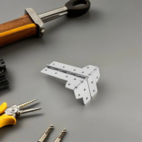 L Shaped Metal Road Case Hinges Two Pack Beefed Up Heavy Duty Corner Wrap Around L Bracket Hinge on a gray surface