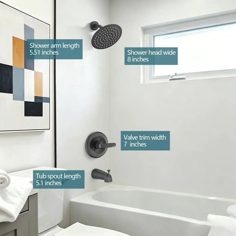 High Flow Eight Inch Matte Black Rain Shower Faucet And Tub Trim Kit With Round Rain Showerhead and Handle Fits Delta 13 Series dimensions in a bathroom.