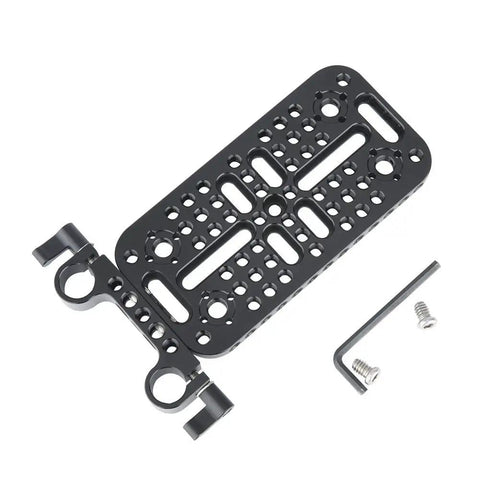 Pro Camera Cheese Mounting Plate With 15mm Rod Clamp Built Like A Tank For DSLR Videography Rigs And Cinema Mods featuring black aluminum with drill holes.
