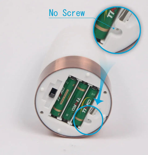 Bottom view of Retro LED Night Light With PIR Motion Sensor showing battery compartment with no screws, fits 3x AAA batteries.