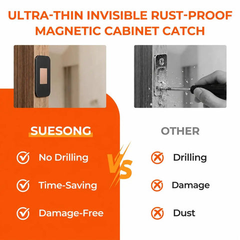 Ultra Thin No Drill Magnetic Cabinet Latches 4 Pack With 16 Adhesive Pads For Tight Gaps Black vs drilling image comparison