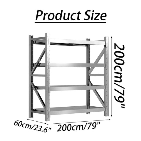 Rock Solid Heavy Duty Garage Shelving Four Tier Commercial Steel Storage Rack Industrial Grade Metal Organizer dimensions 200cm x 60cm.