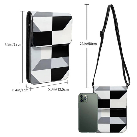 Super Chic Black And White Piano Grid Phone Pouch With Adjustable Crossbody Strap Hella Protective Lightweight Cell Phone Purse displayed with dimensions.
