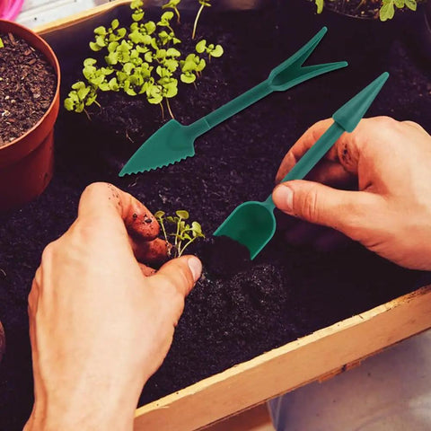 Gardener using the 7 Piece Mini Seed Spreader Tool Set For Precise Seed Dispensing And Easy Garden Planting with dibber and widger