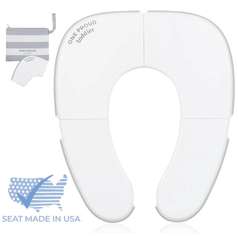 Foldable Travel Potty Seat For Toddlers in white, compact design with carrying pouch, made for easy travel.