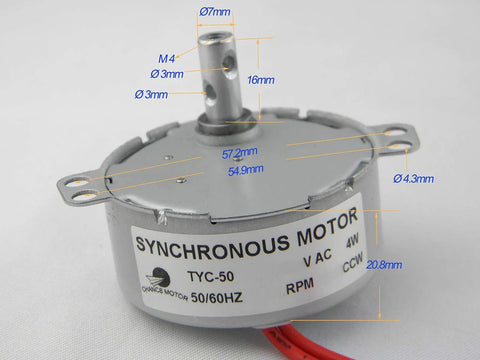 Compact synchronous gear motor TYC-50 with detailed measurements, ideal for small appliances and DIY projects.