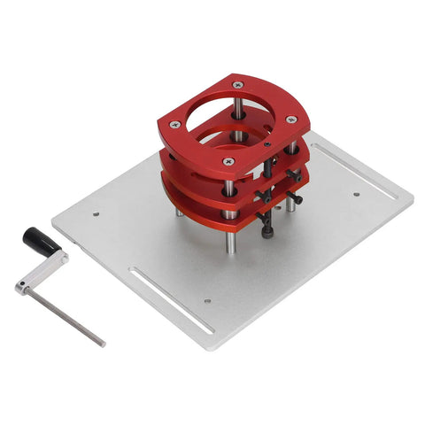 Heavy Duty Router Table Manual Lift System With Precision Cast Aluminum Base Plate And Rust Proof Stainless Steel Insert, red design.