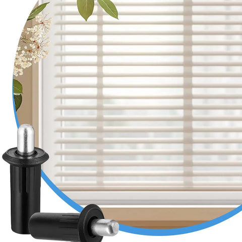Heavy Duty Cabinet Door Repair Pins Ten Pack Spring Loaded Damper Replacement Hardware For Furniture Shelf Brackets Fixing Wobbly Doors, black and silver pins with blinds in background.
