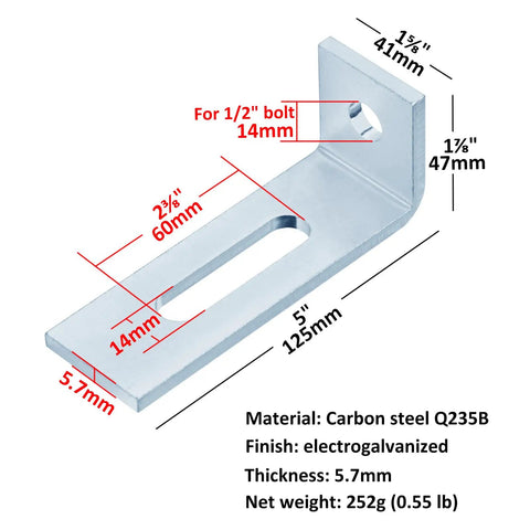 6 Pack L Shaped Connectors For 1 5/8 Strut Channel Heavy Duty Carbon Steel Electro Galvanized Finish Rock Solid Design Fits 1/2 Inch Bolts detail showing measurements and material specifications.