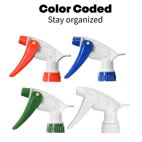 Spray bottle nozzles with color-coded caps in red, blue, green, and white for Boss Grade 16 Oz Spray Bottles 4 Pack With Dilution Ratios And Ounces To Milliliters Made In USA Great For Cleaning Essential Oils Hair Plants And BBQ With Easy Precise Mist Control.