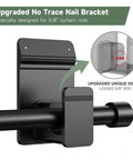 Zero Drama No Drill Curtain Rod Brackets For Five Eighth Inch Rods Heavy Duty 30 Pound adhesive black brackets securing 5/8 inch rod.