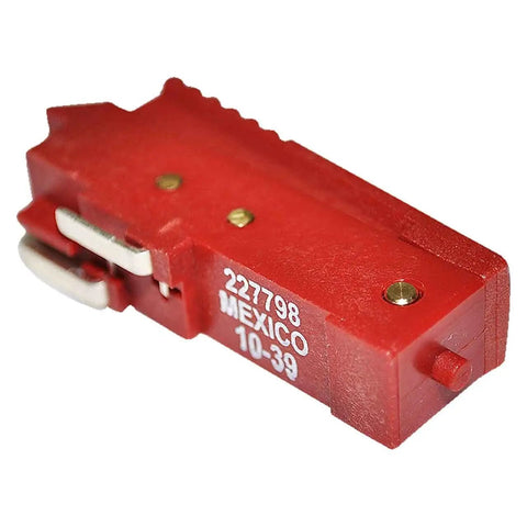 Red switch trigger for MIG welders, fits Miller Electric machines, replacement part for smooth, precise welds.