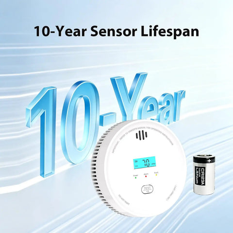 Keep Your Pad Secure With This Smoke Detector And Air Quality Monitor Sporting A Ten Year Runtime Super Bright Display Fast Reaction Sensors No Drama Setup Immediate Emergency Alerts Built Strong For Everyday American Home Safety Needs, showing a digital display and 10-year battery.