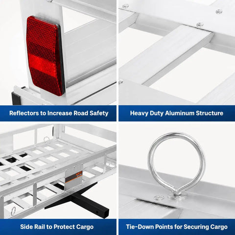 Close-up of features on Beefy Aluminum Hitch Cargo Carrier With Ramp, Folding Design, Up To 1300 Lbs Capacity, highlighting reflectors.