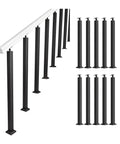 Step Up Your Game With These Next Level Wrought Iron Railing Spindles, Heavy Duty Floor Mount Posts, Rust Proof Powder Coated Finish, Set Of 10, Built Like A Tank For Stairs And Decks, 440 Lb Load Rating showing ten black baluster posts and a handrail.