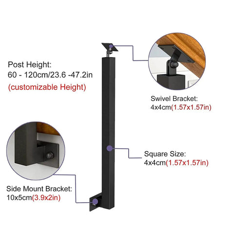 Heavy Duty Matte Black Deck Railing Post And Banister Column Built Tough For Quick Side Mount Installation On Staircase with adjustable height.