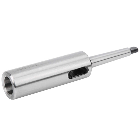 Shop Ready Extra Long MT1 To MT2 Morse Taper Drill Sleeve Reducing Adapter Built Tough With Quenched High Speed Steel, silver finish.