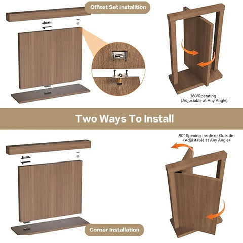 Installation guide for Crafted Tough No Mortise Pivot Hinge showing offset set and corner installation methods.