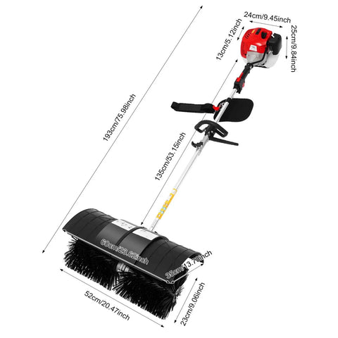 Heavy Duty 52Cc Gas Walk Behind Lawn Sweeper With Handheld Broom Attachment For Farms, Streets, And Gardens. Dimensions and design.