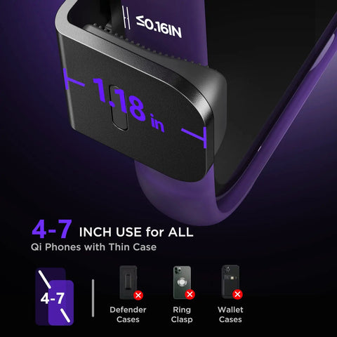 Wireless Car Charger Mount With Auto Clamping And 15W Fast Charge, 7 Color RGB Backlit, shows compatibility with thin phones 4-7 inches
