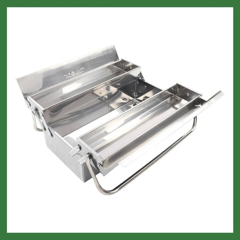 Tough As Nails 16.5 Inch Rustproof Stainless Steel Toolbox With Two Reinforced Tiers And Three Quick Grab Trays open with trays extended.