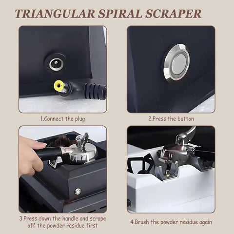 Instructions for using Top Notch Electric Portafilter Cleaner Knock Box Setup, showcasing triangular spiral scraper features.