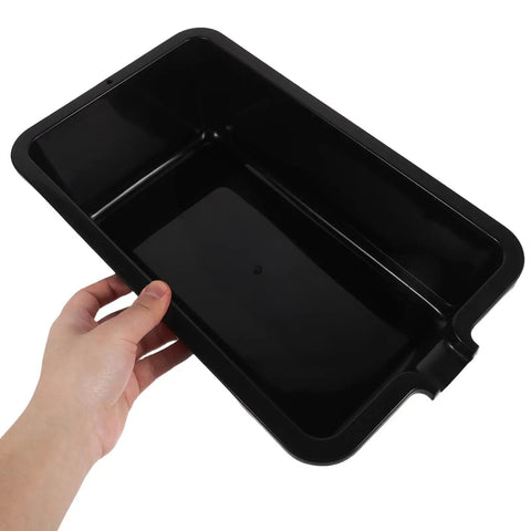 Heavy Duty Oil Catch Pan With Ergonomic Handle For Engine Fluids, Spill Proof Drain Tray held by hand, durable plastic design.