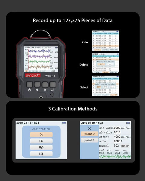 Four In One Gas Leak Detector With Multi Gas Alarm for Home and RV, showing data recording and calibration screen on display
