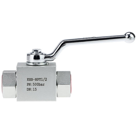 Front view of 1/2 in NPT hydraulic ball valve with chrome lever handle and metal body