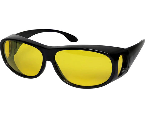 Upgrade Your Night Shift With These Slick Yellow Tint Night Driving Glasses Loaded With Anti Glare Polarized Lenses For Ride Safe Night Drives And Dope Crystal Clarity For Men And Women Cruising City Streets. Black frame with yellow tinted lenses in angled view.