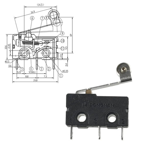 Diagram and photo of Micro Limit Switch With Momentary Roller Lever Arm SPDT 1NO 1NC 3 Pins 5A 125 and 250 VAC For Your Automation Gear.