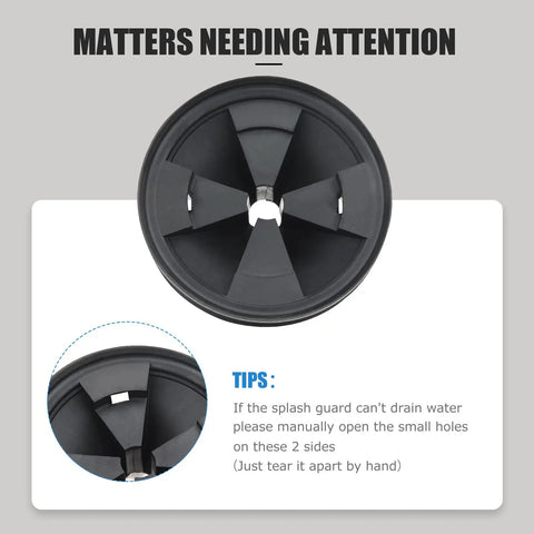 Beefed Up Three And Three Eighths Inch EPDM Rubber Garbage Disposal Splash Guard Replacement For Evolution Series QCB AM Sink Drain Protector 2 Pack Easy Fit Reduces Splashing Quiet Operation Kitchen Upgrade, top view with installation tips