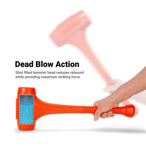 Orange 20 Inch Dead Blow Hammer 6 Lbs Non Marring PU Tool With Steel Shot Core in hand demonstrating dead blow action