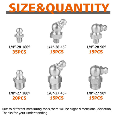 Front view of six chrome grease fittings kit: 1/4-28 and 1/8-27 sizes in 180°, 45°, and 90° angles.