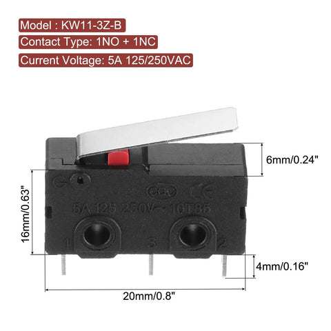 KW11-3Z-B Micro Limit Switch 1NO And 1NC Waterproof Miniature Switch For Precision Machinery, 5A 125 And 250VAC, Dustproof And Splash Resistant, Durable And Easy To Wire For Automation, Industrial Machinery Projects, 20x10x6mm