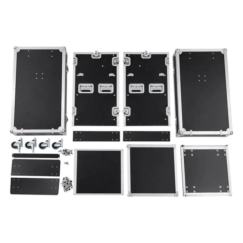 14U DJ Rack Case With Heavy Duty Reinforced Frame And Tough As Nails Mobility Setup shown disassembled with parts and accessories.