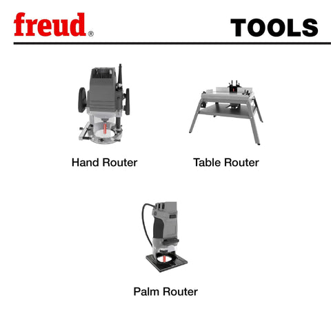 Image showing Freud tools including hand router, table router, and palm router against a white background.