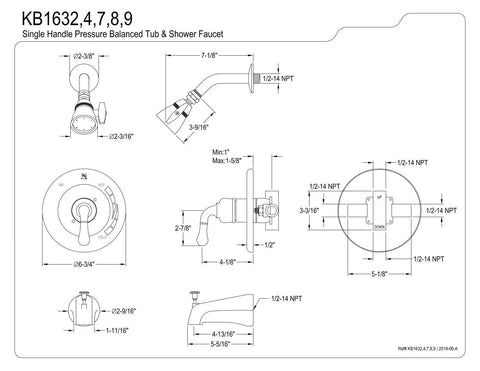 Diagram of Magellan Single-Handle Pressure Balanced Tub And Shower Faucet In Brushed Nickel with measurements and features.