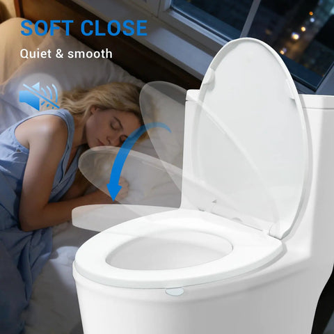 Premium White Elongated Toilet Seat Featuring Soft Close Lid And Touch Free Handle Quiet Closing Design Makes It A Solid Game Changer For Zero Fuss Home Bathrooms, showcasing quiet lid close next to a sleeping person.